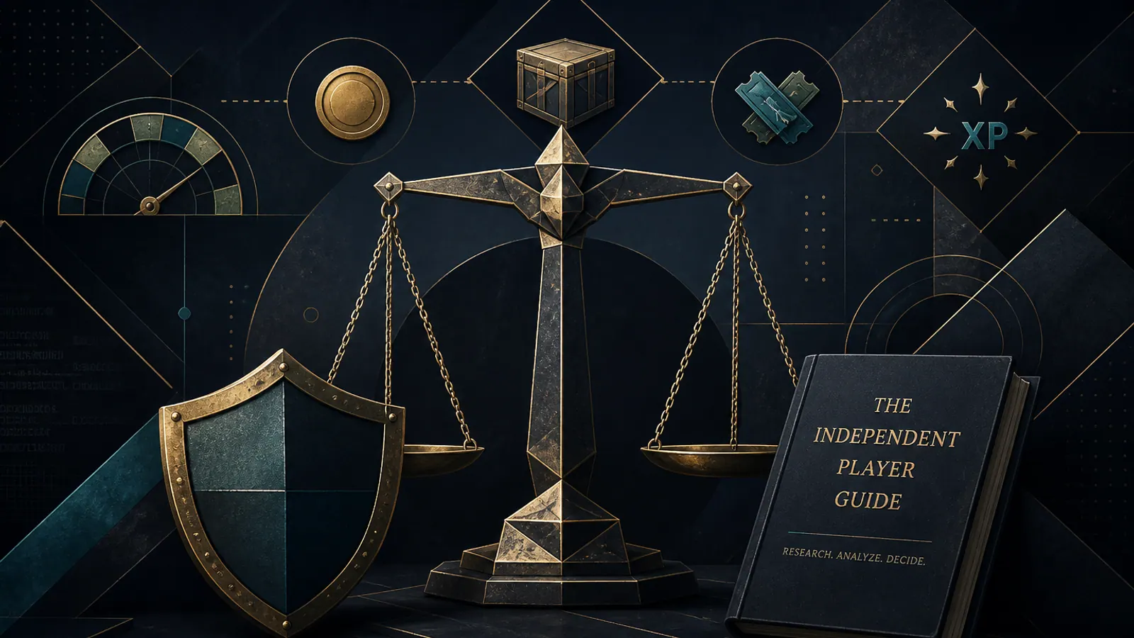Editorial review illustration with scales, a shield and abstract game icons